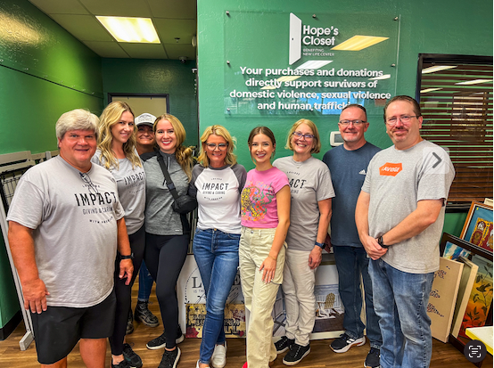 Rick Crosby, Jenn Monroy, Amber Allen, Ana Rose Geyer, Sandra Torre, Kylie Sime, RuthAnn Hogue, Tim Trull, and Shan Jensen volunteered at Hope's Closet through LAVIDGE IMPACT recently, benefiting New Life Center.